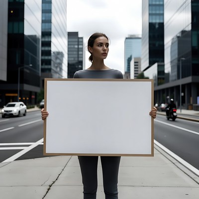 Woman holding blank sign in city