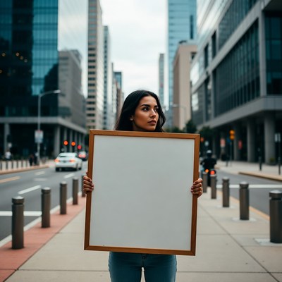 Woman holding blank sign urban street