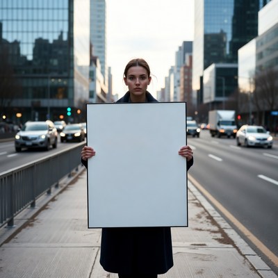 Woman holding blank sign in city