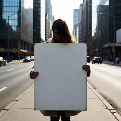 Woman holding blank sign in city street