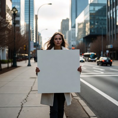 Woman holding blank sign urban street
