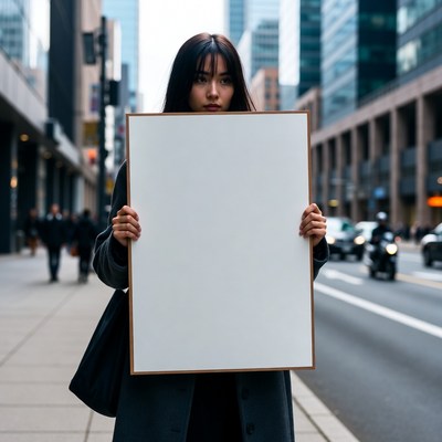 Asian woman holding blank sign urban street