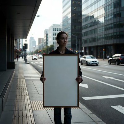 Woman holding blank sign urban street