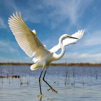 Great Egret Spreading Wings in Water