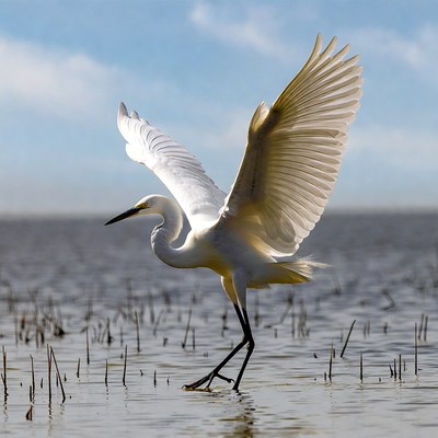 White Egret Spreading Wings in Marsh