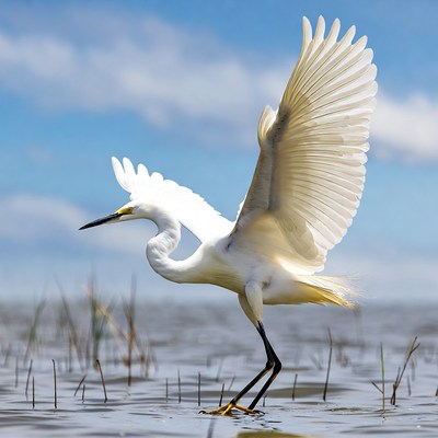 Snowy Egret Spreading Wings in Water