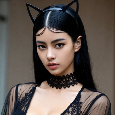 Asian woman wearing cat ears