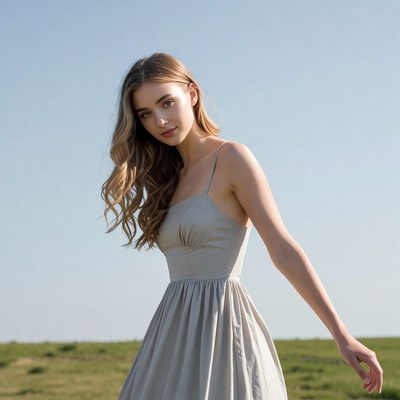 Woman in gray dress in grassy field