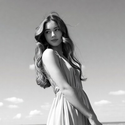Young woman in dress with wavy hair