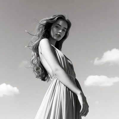 Woman in flowing dress with wind-blown hair