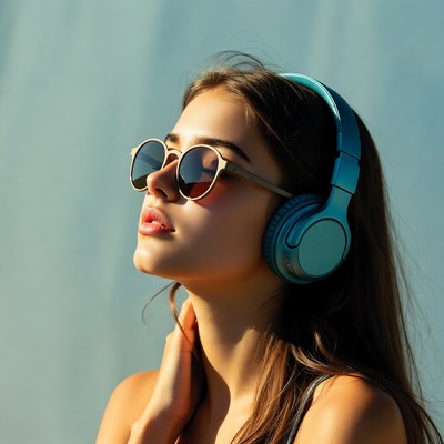 Woman wearing headphones and sunglasses