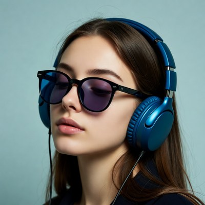 Woman wearing blue headphones and sunglasses