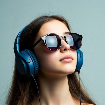 Woman wearing headphones and sunglasses