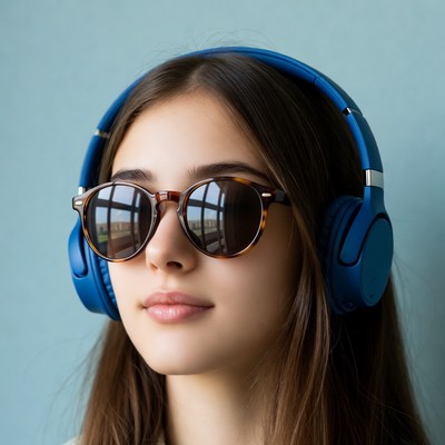 Woman wearing headphones and sunglasses