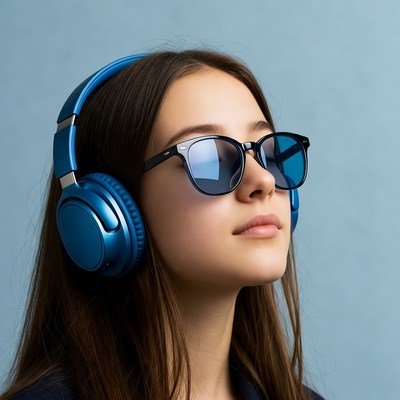 Girl wearing blue headphones and sunglasses