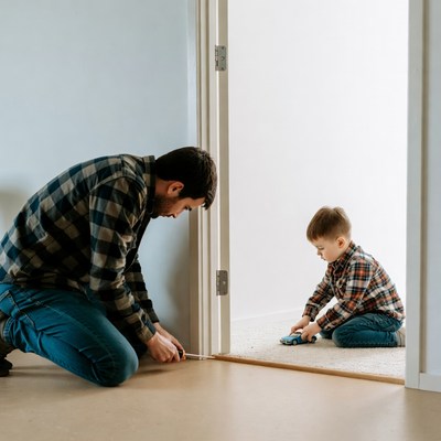 Father helping son fix door threshold