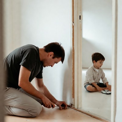 Father installing door frame with son
