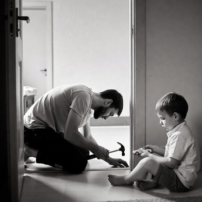 Father and son playing with hammer and toy car