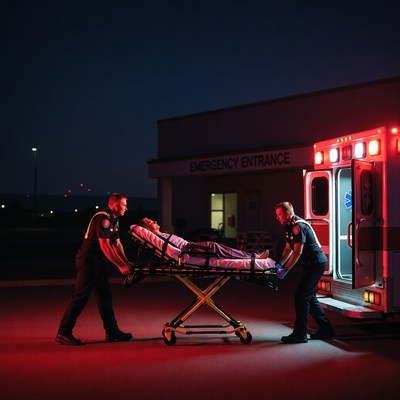 Paramedics Wheeling Patient to Ambulance
