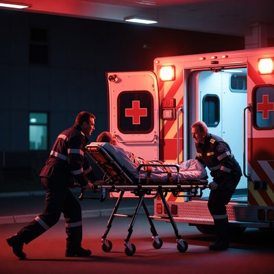 Paramedics Wheeling Patient into Ambulance