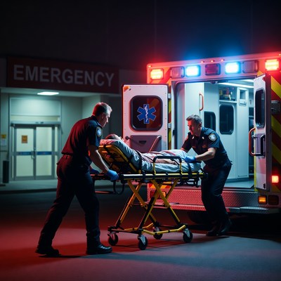 Paramedics Wheeling Patient into Ambulance