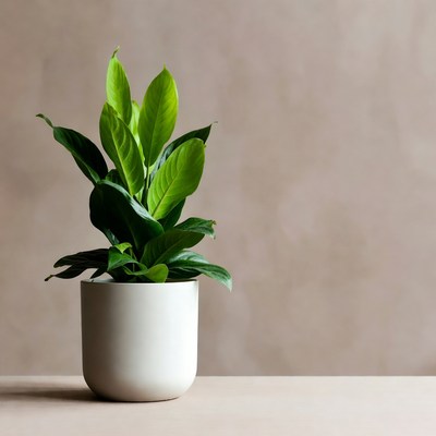Green houseplant in white pot