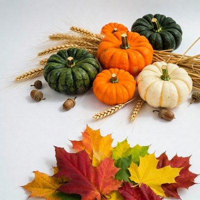 Autumn Pumpkins with Wheat and Leaves