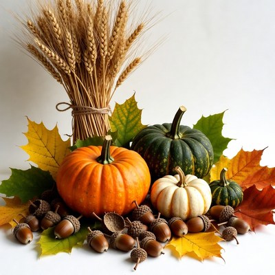 Autumn Pumpkins Wheat Acorns Leaves