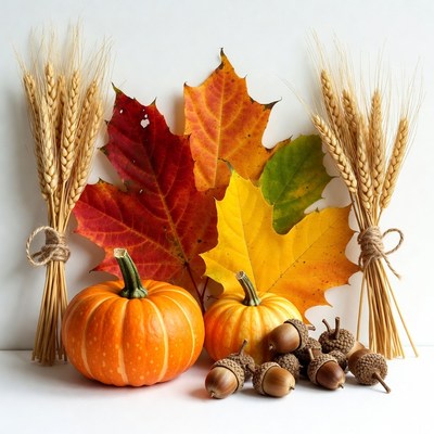 Autumn Pumpkins Wheat Leaves Acorns