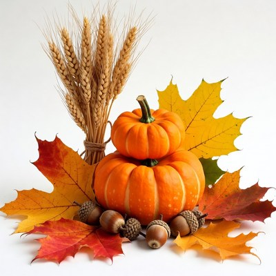 Pumpkin with Wheat Acorns Autumn Leaves