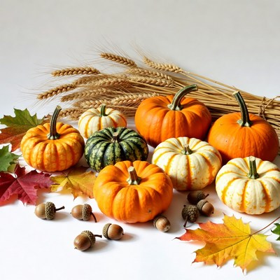 Assortment of pumpkins with wheat and leaves