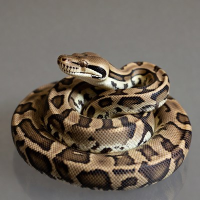 Ball Python coiled on gray background