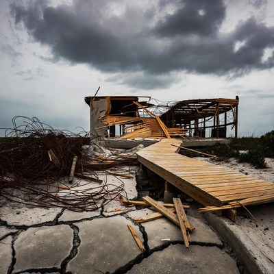 Hurricane-Damaged House and Boardwalk