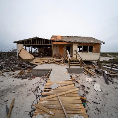 Hurricane-damaged house on beach