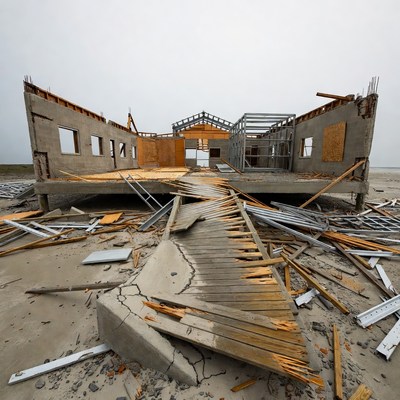 Hurricane-damaged unfinished house on beach