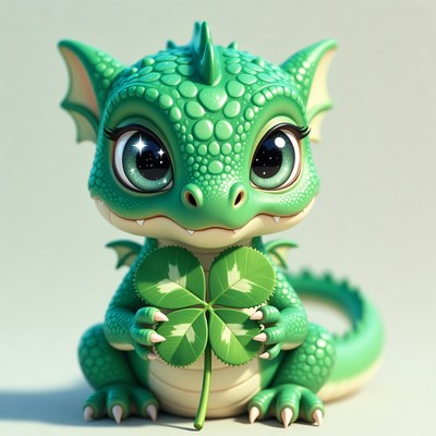 Cute green baby dragon holding four-leaf clover