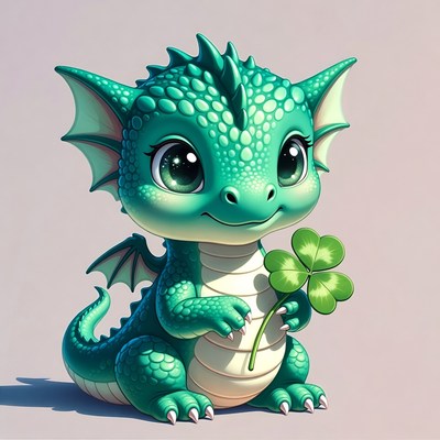 Cute baby dragon holding shamrock