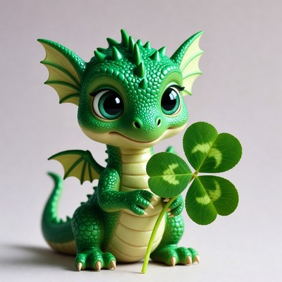 Cute green dragon holding four-leaf clover