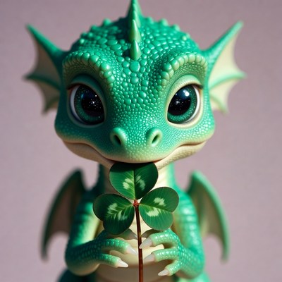 Cute green dragon holding four-leaf clover