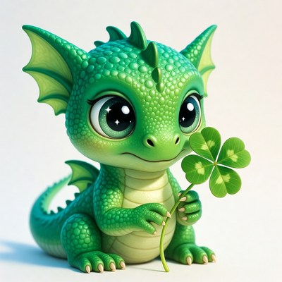 Cute green baby dragon holding shamrock