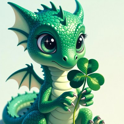 Cute green baby dragon holding shamrock