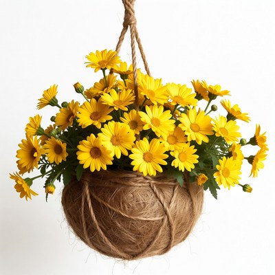 Yellow Daisies in Rope Hanging Basket
