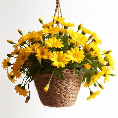 Yellow Daisies in Hanging Wicker Basket