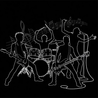Rock band silhouettes playing instruments