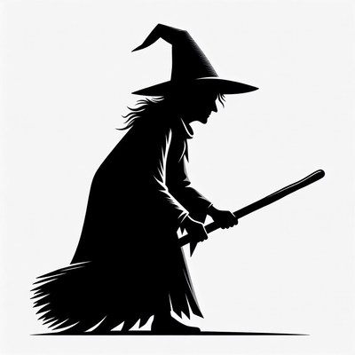 Silhouette Witch Flying on Broomstick