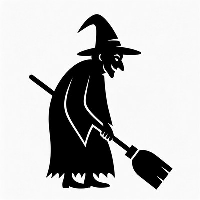 Witch sweeping with broom illustration