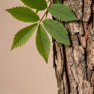 Green sumac leaves on tree bark