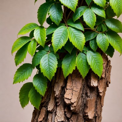 Green leaves on tree trunk