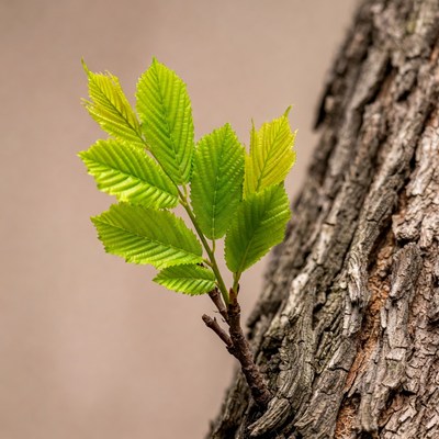 Fresh green leaves on tree bark