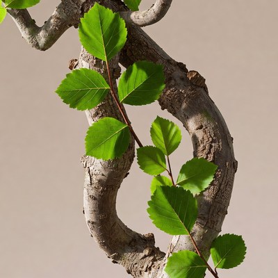 Birch bonsai tree with green leaves